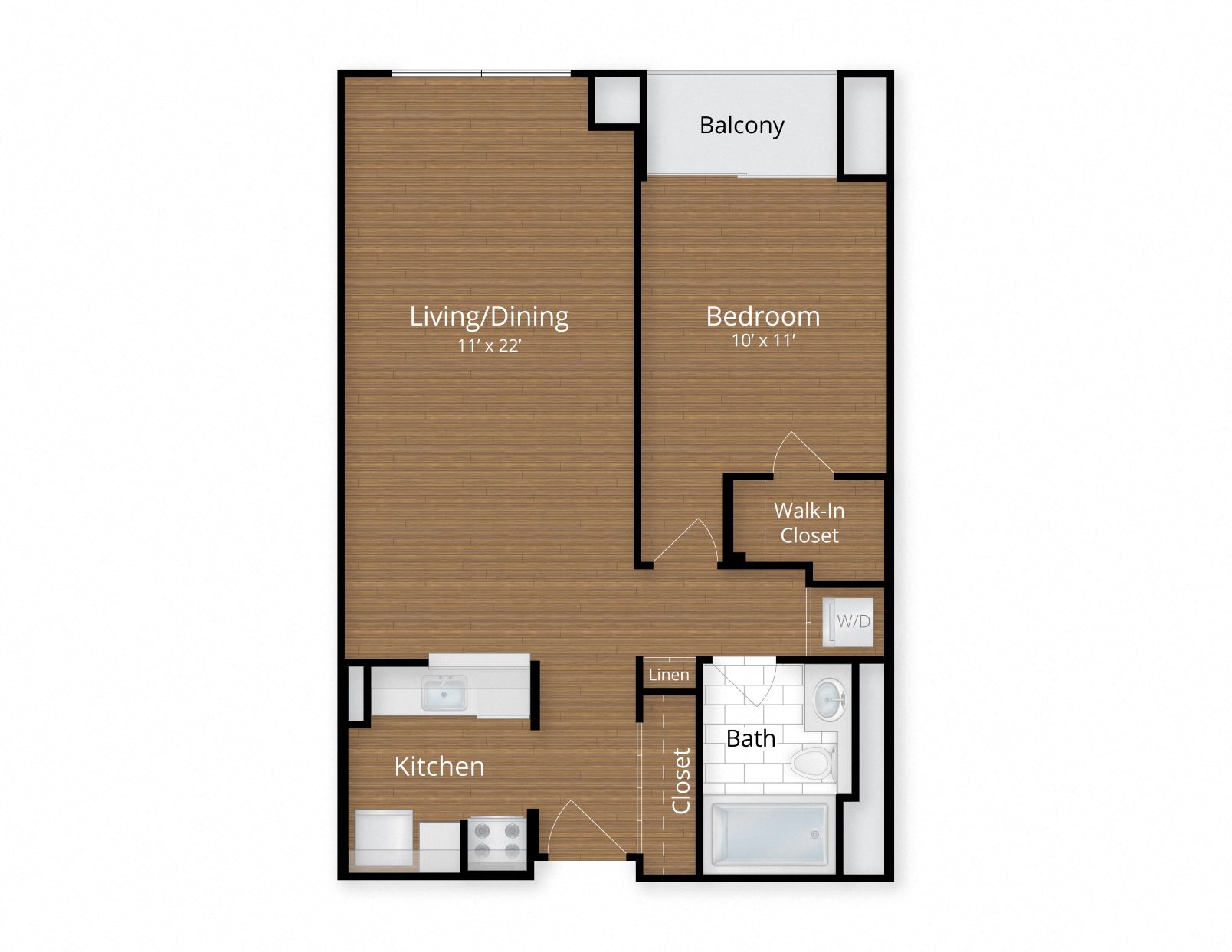 Floor plan for 1 bed, 1 bath, 633 sqft
